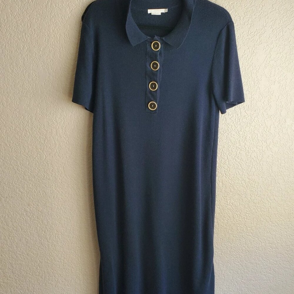 M. Martin Structured Knit Polo Dress Navy Merino Silk Cashmere Button Front XS